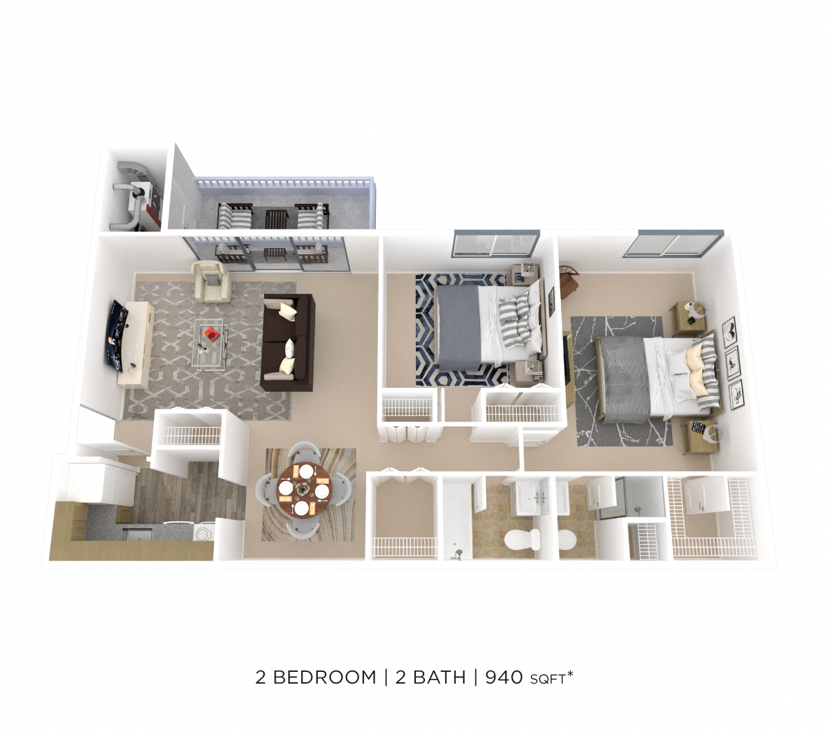 Floor plan for 2 beds, 2 baths, 940 sqft
