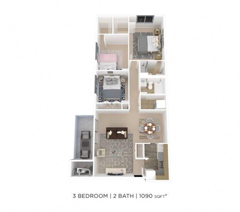 Floor plan for 3 beds, 2 baths, 1090 sqft