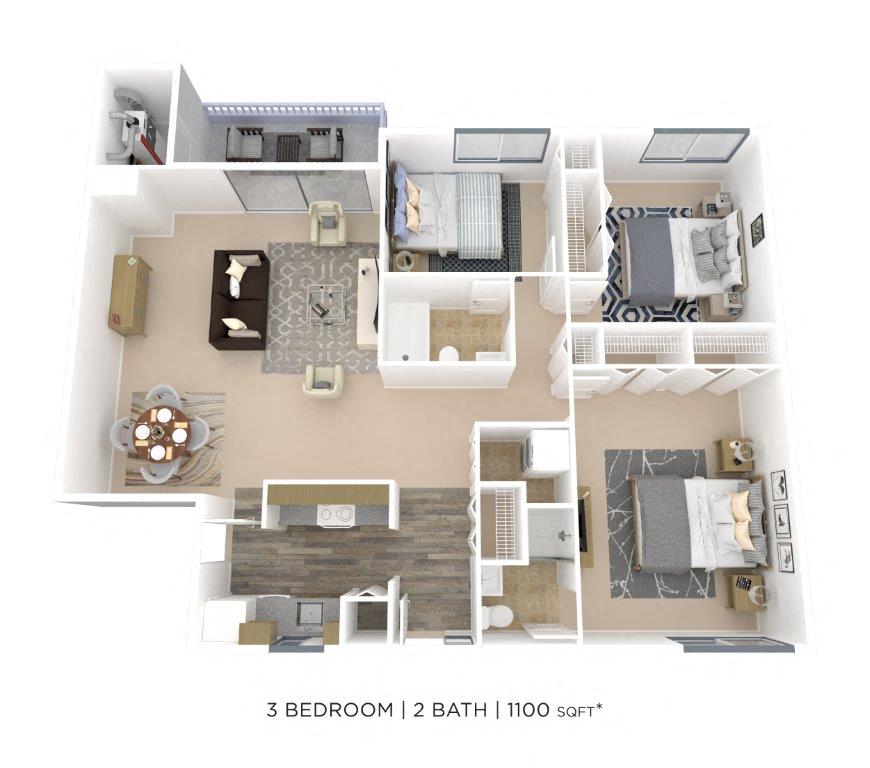 Floor plan for 3 beds, 2 baths, 1100 sqft