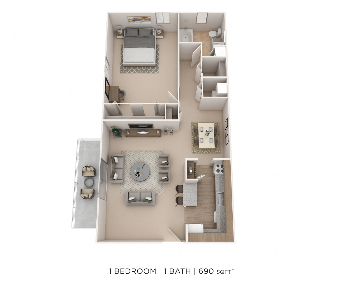 Floor plan for 1 bed, 1 bath, 690 sqft