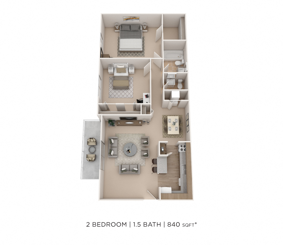 Floor plan for 2 beds, 1.5 baths, 840 sqft