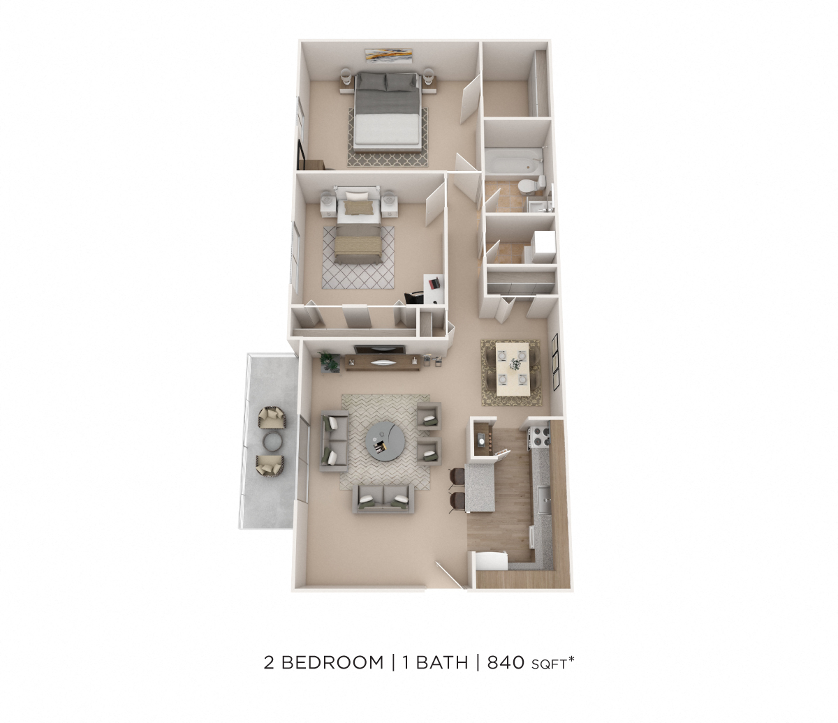 Floor plan for 2 beds, 1 bath, 840 sqft