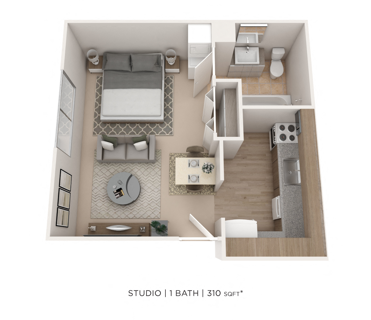 Floor plan for studio, 1 bath, 310 sqft