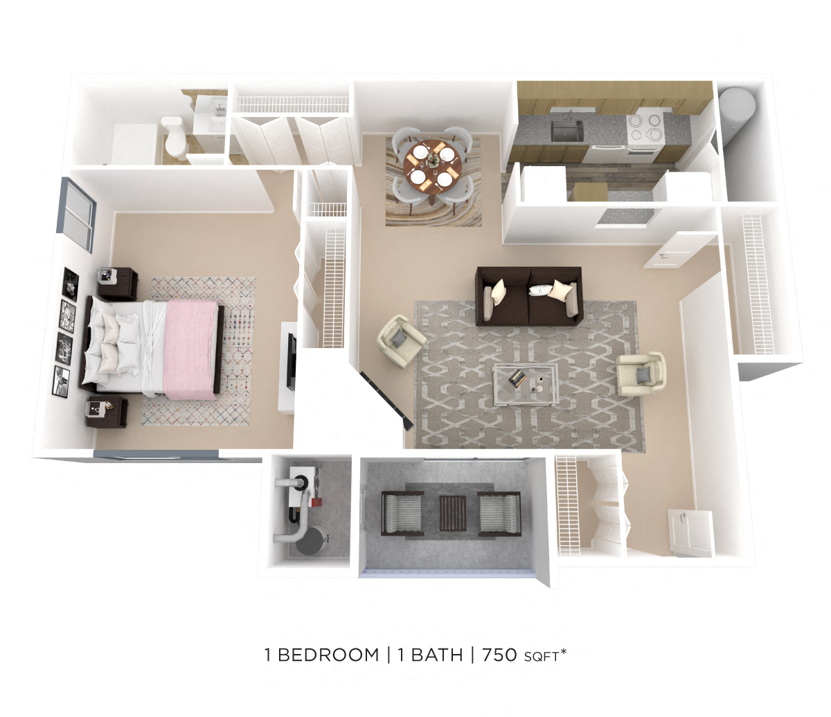 Floor plan for 1 bed, 1 bath, 750 sqft