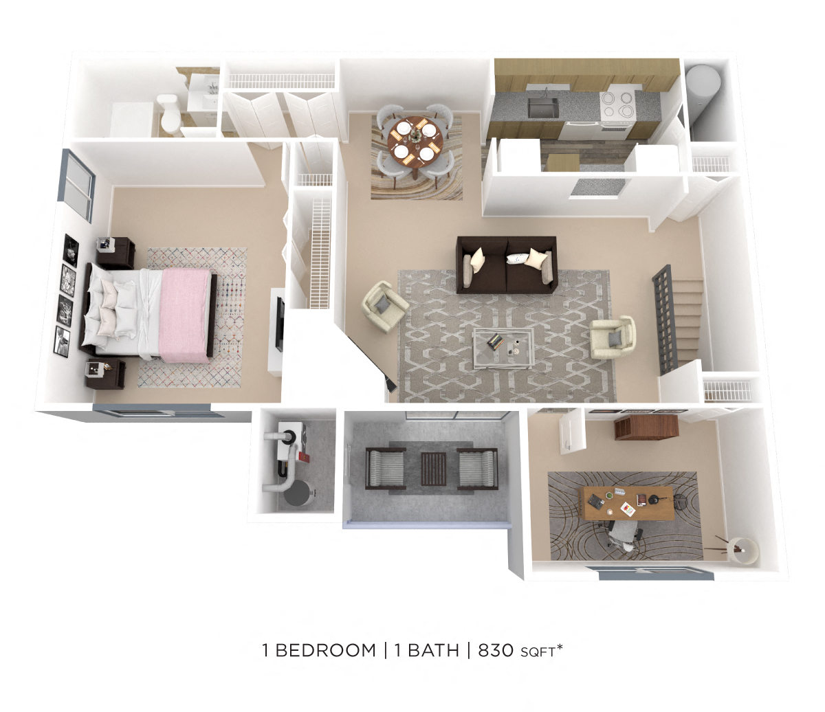 Floor plan for 1 bed, 1 bath, 830 sqft