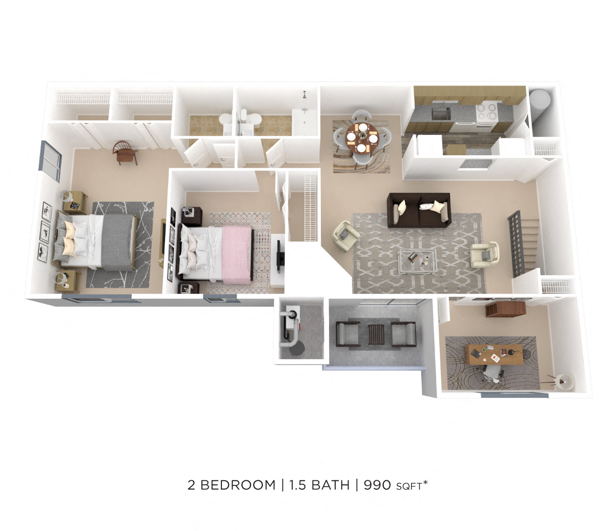 Floor plan for 2 beds, 1.5 baths, 1060 sqft