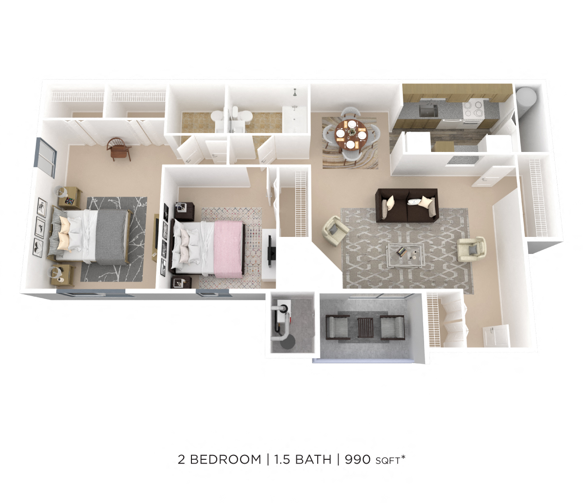 Floor plan for 2 beds, 1.5 baths, 990 sqft
