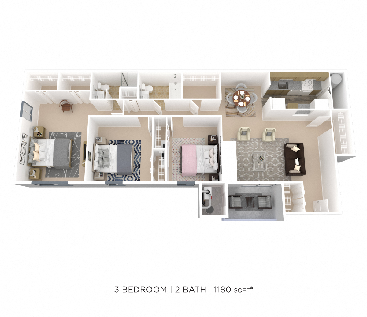 Floor plan for 3 beds, 2 baths, 1180 sqft