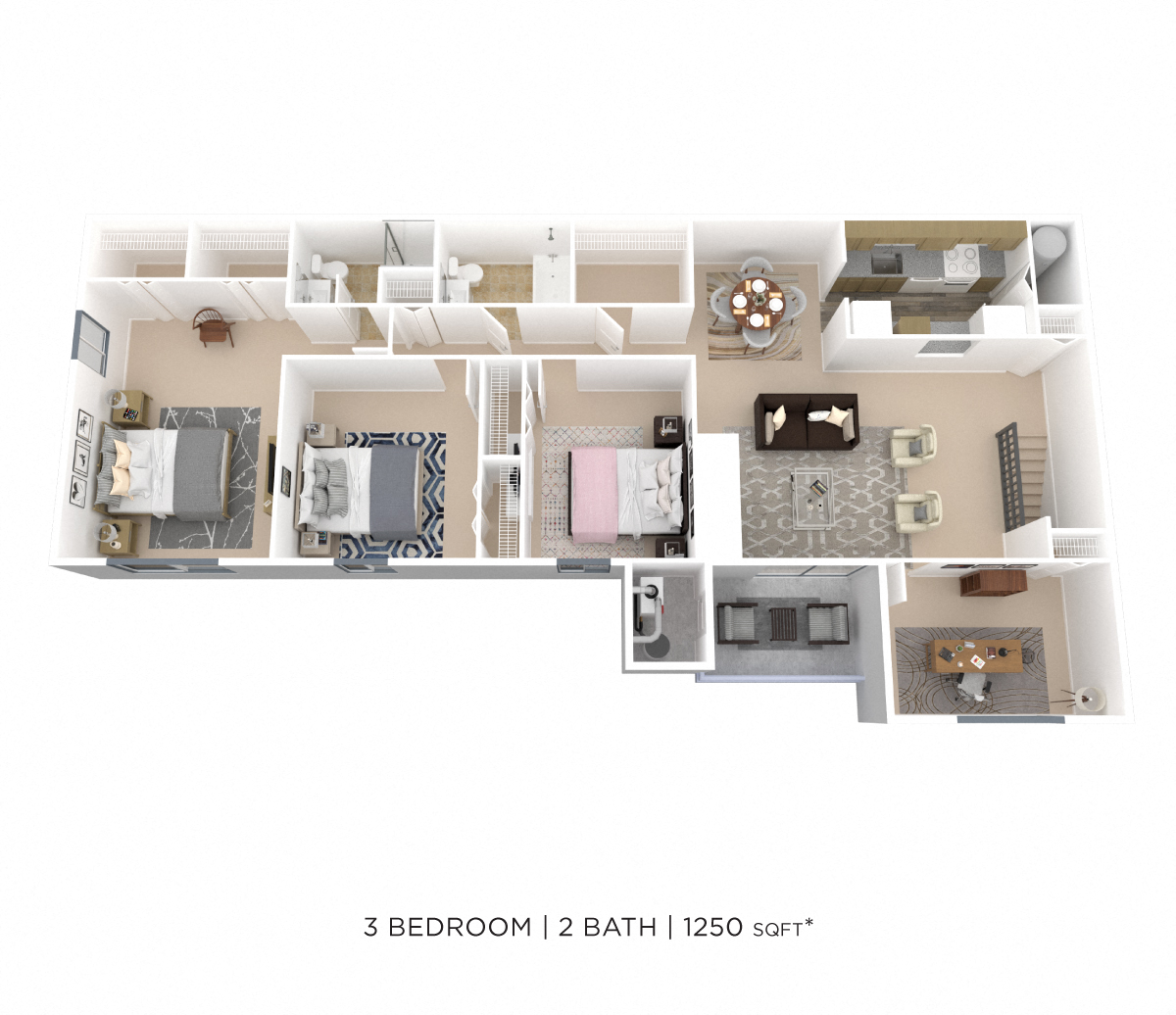 Floor plan for 3 beds, 2 baths, 1250 sqft
