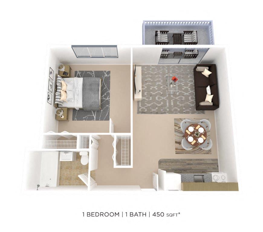 Floor plan for 1 bed, 1 bath, 450 sqft