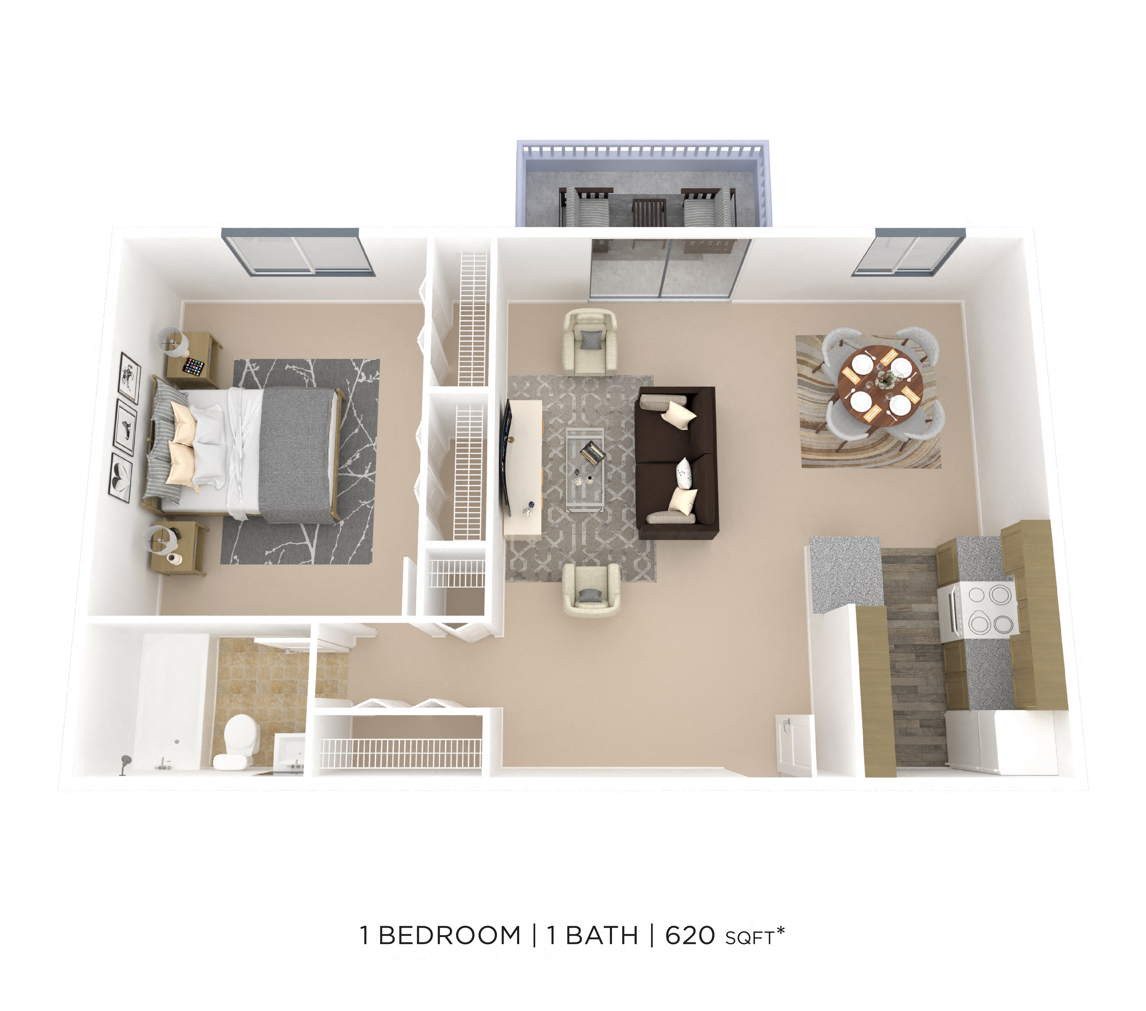 Floor plan for 1 bed, 1 bath, 620 sqft