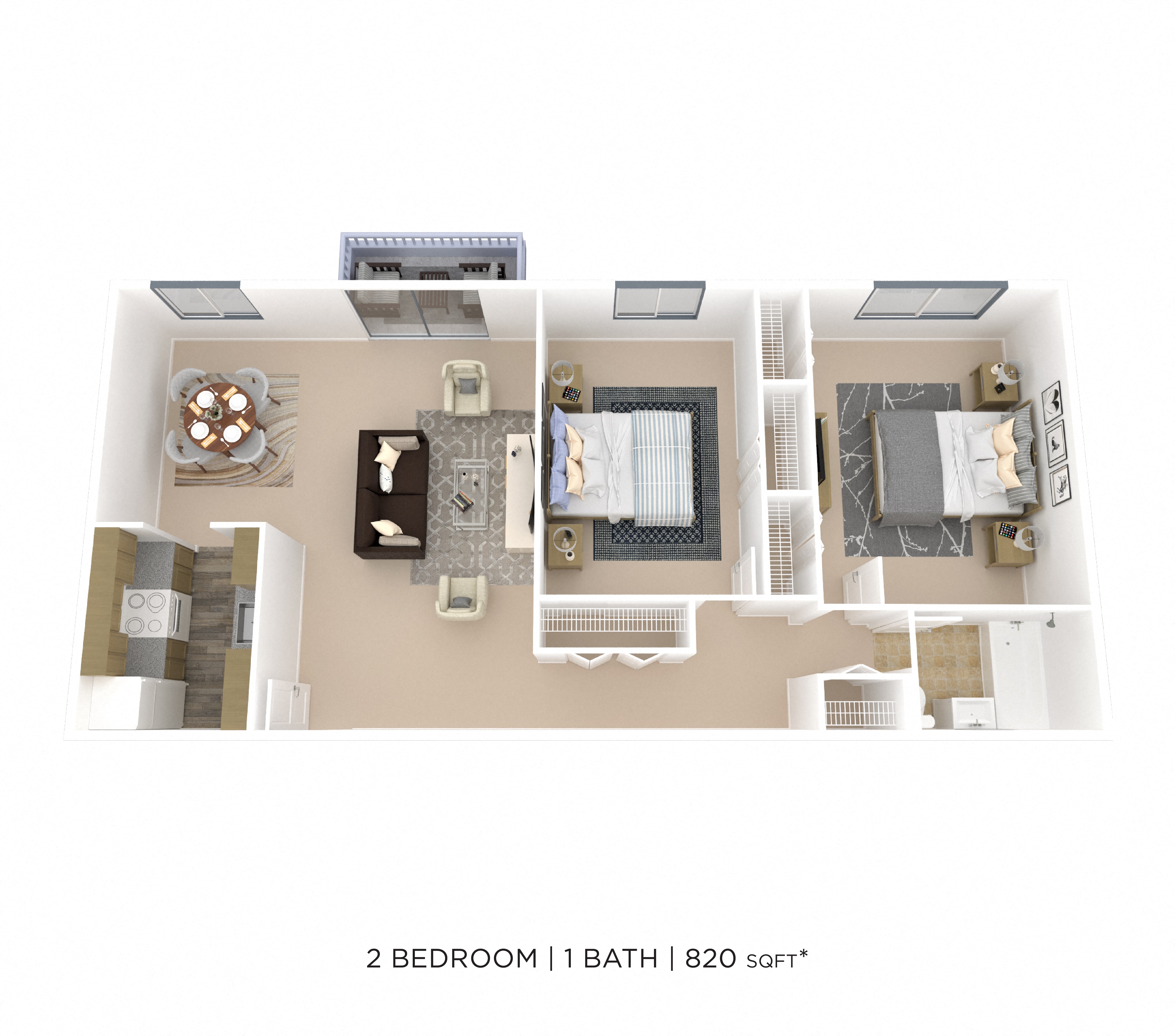 Floor plan for 2 beds, 1 bath, 820 sqft