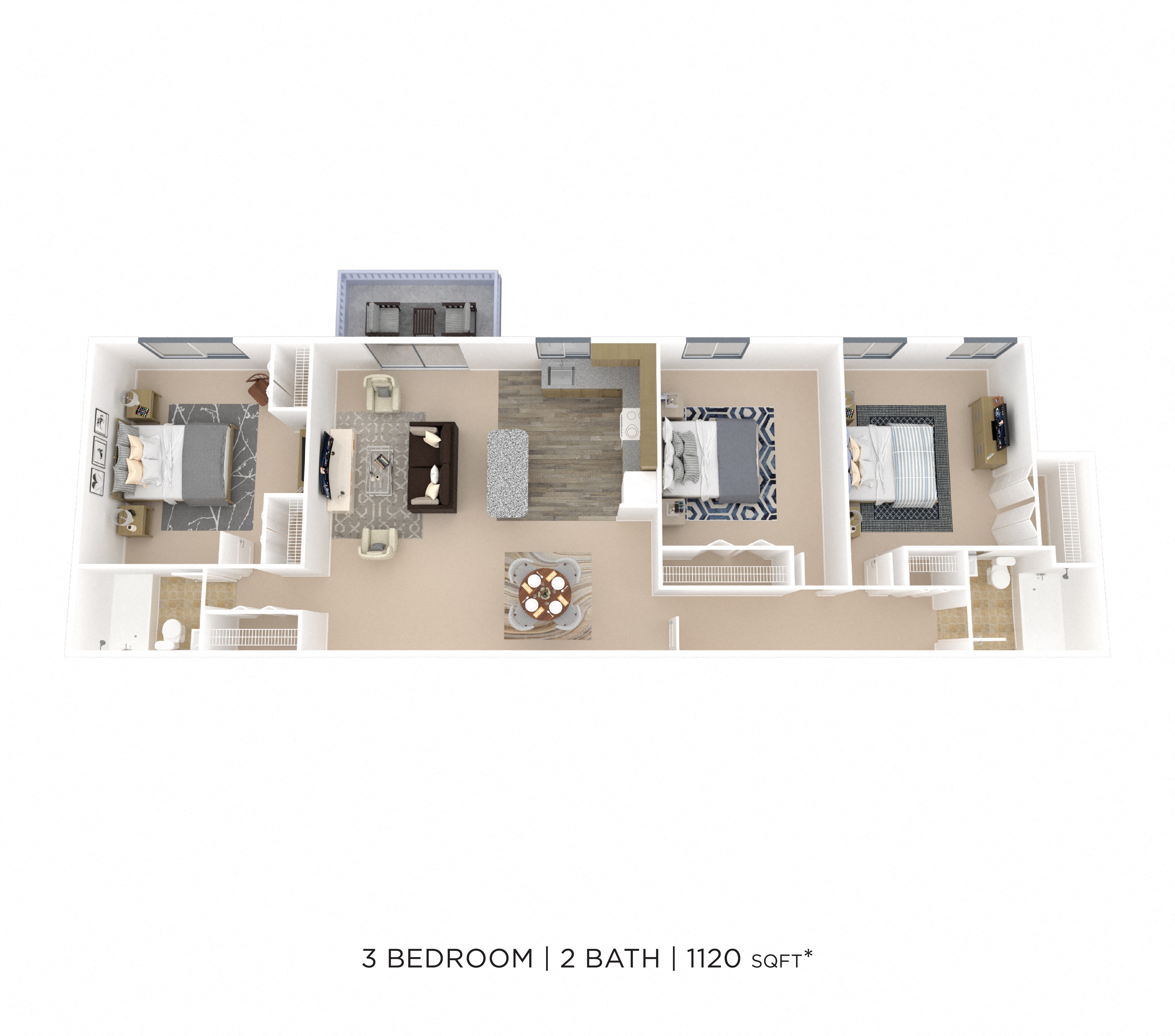 Floor plan for 3 beds, 2 baths, 1120 sqft
