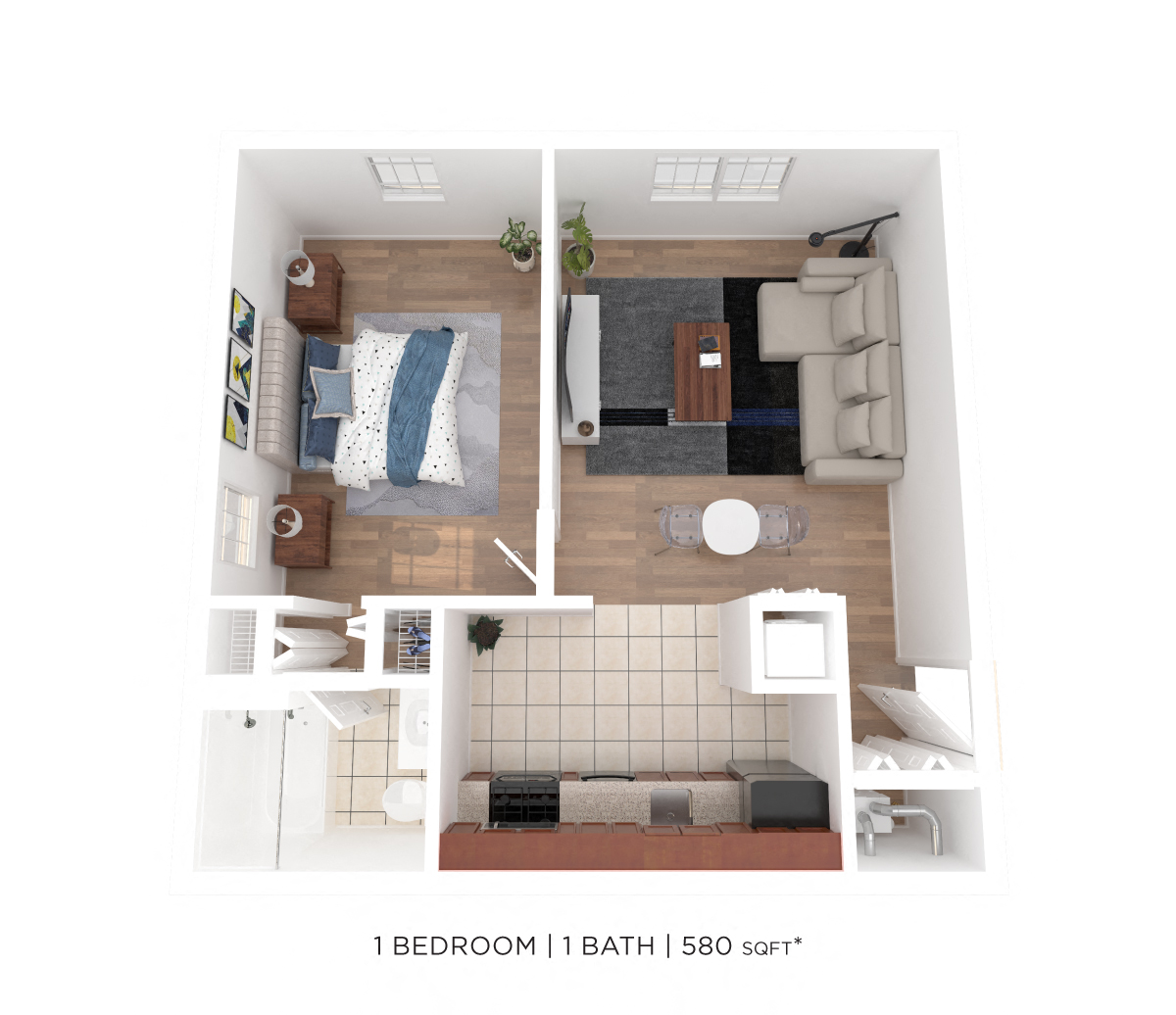 Floor plan for 1 bed, 1 bath, 580 sqft