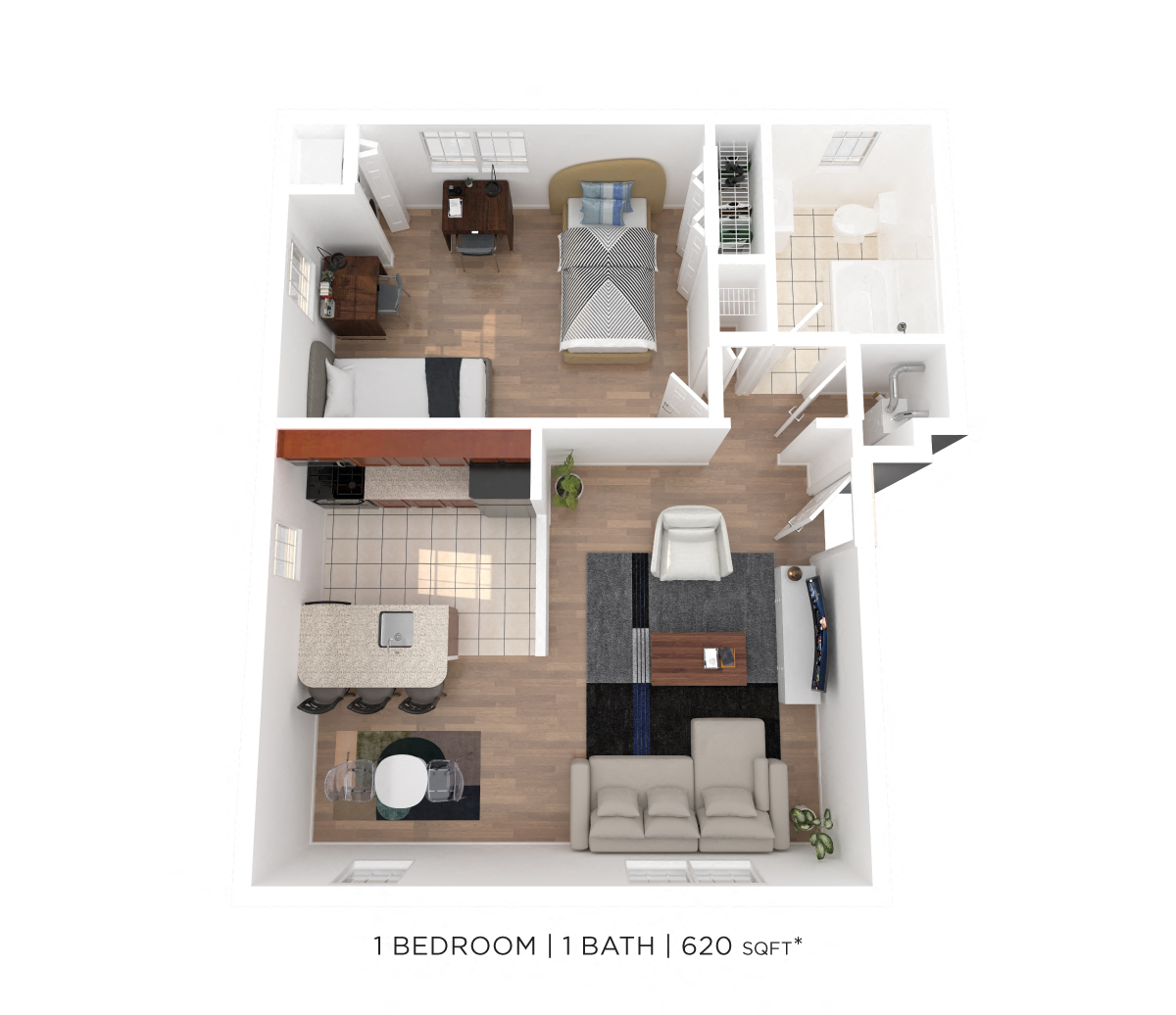 Floor plan for 1 bed, 1 bath, 620 sqft