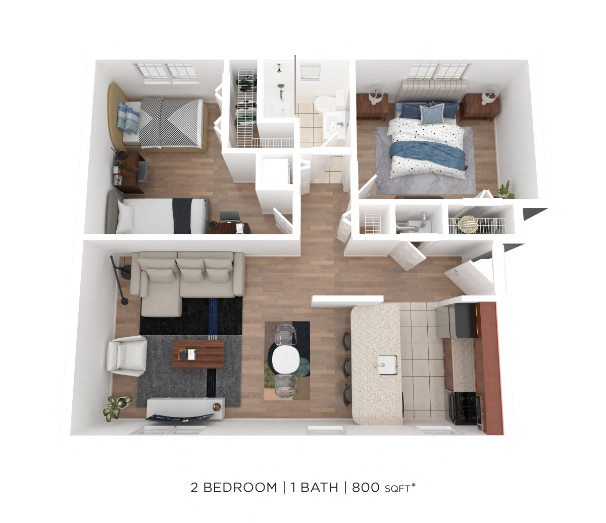 Floor plan for 2 beds, 1 bath, 800 sqft