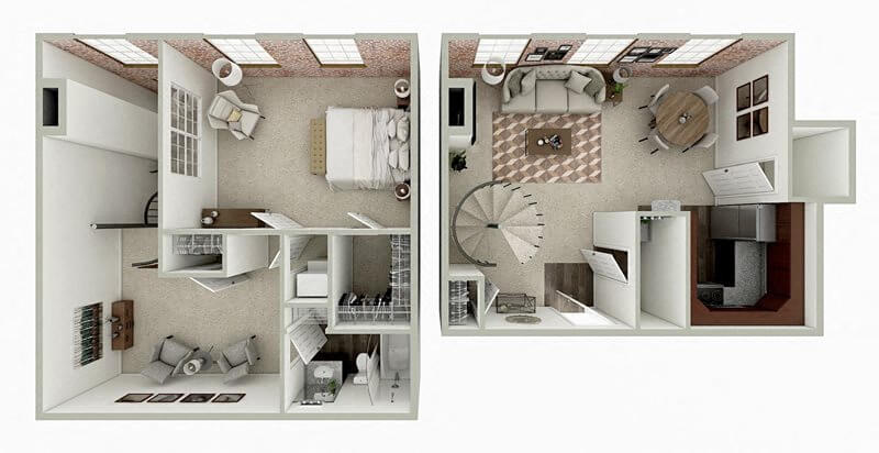 Floor plan for 1 bed, 1.5 baths, 975 sqft