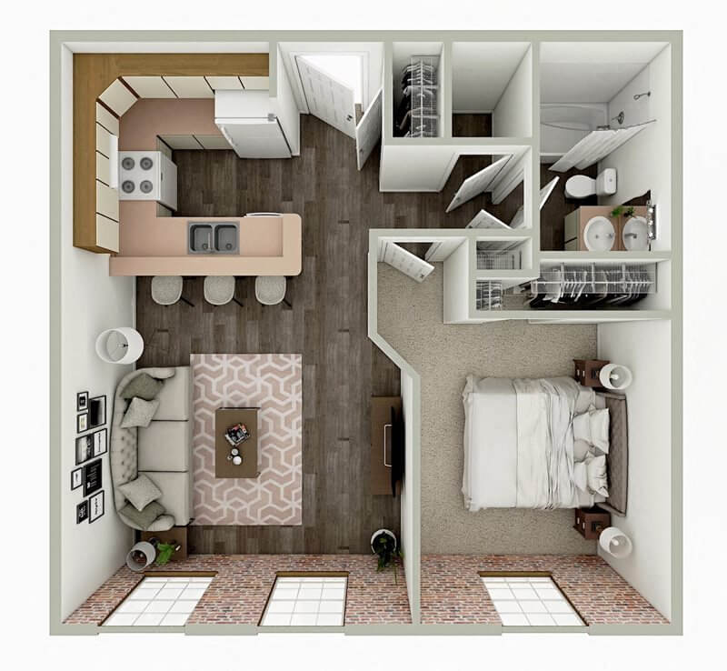 Floor plan for 1 bed, 1 bath, 634 sqft