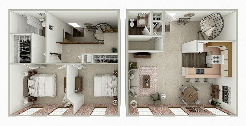 Floor plan for 2 beds, 1.5 baths, 1067 sqft