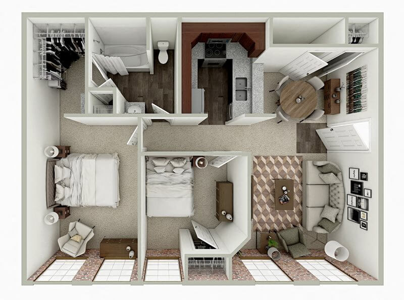 Floor plan for 2 beds, 1 bath, 845 sqft