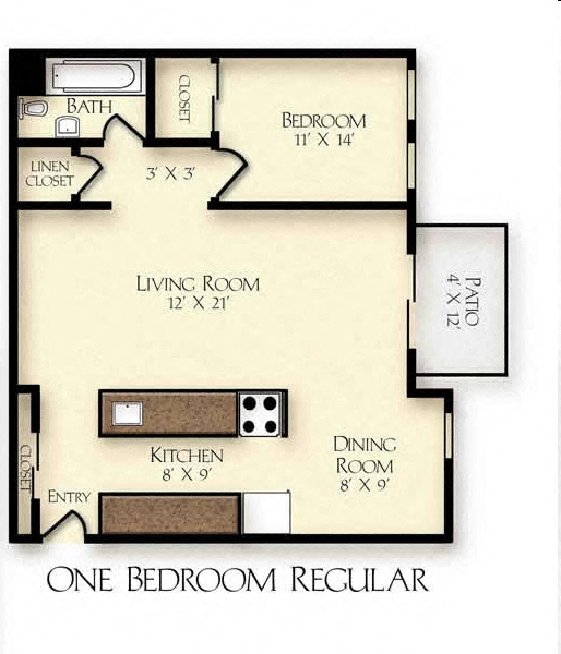 Floor plan for 1 bed, 1 bath, 658 sqft
