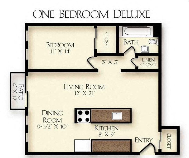 Floor plan for 1 bed, 1 bath, 721 sqft