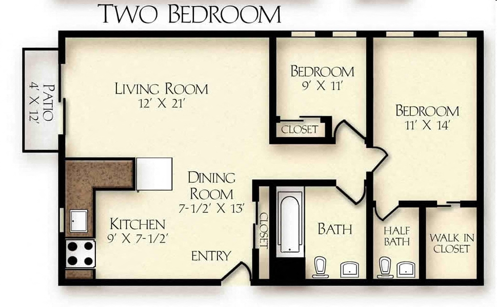 Floor plan for 2 beds, 1 bath, 752 sqft