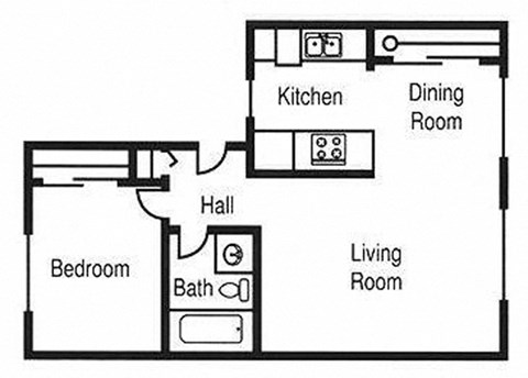 Floor plan for 1 bed, 1 bath, 715 sqft