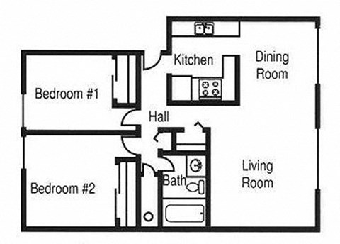 Floor plan for 2 beds, 1 bath, 930 sqft