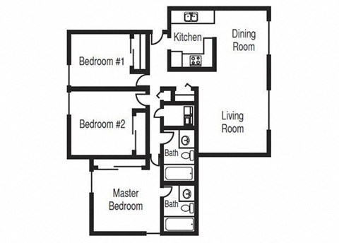 Floor plan for 3 beds, 2 baths, 1150 sqft