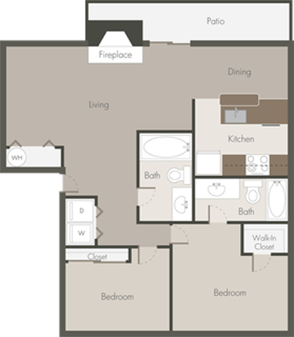 Floor plan for 2 beds, 2 baths, 939 sqft