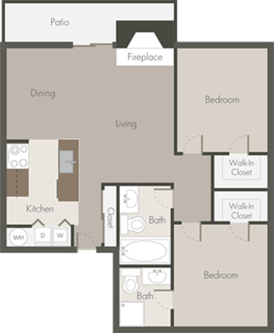 Floor plan for 2 beds, 1.8 baths, 901 sqft
