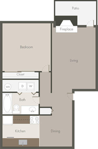 Floor plan for 1 bed, 1 bath, 669 sqft