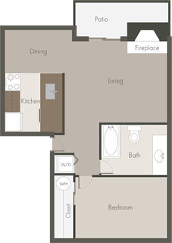 Floor plan for 1 bed, 1 bath, 631 sqft