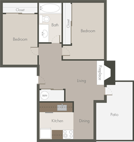 Floor plan for 2 beds, 1 bath, 820 sqft