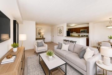 Devon apartment for rent - A modern living room with a grey couch and a coffee table.