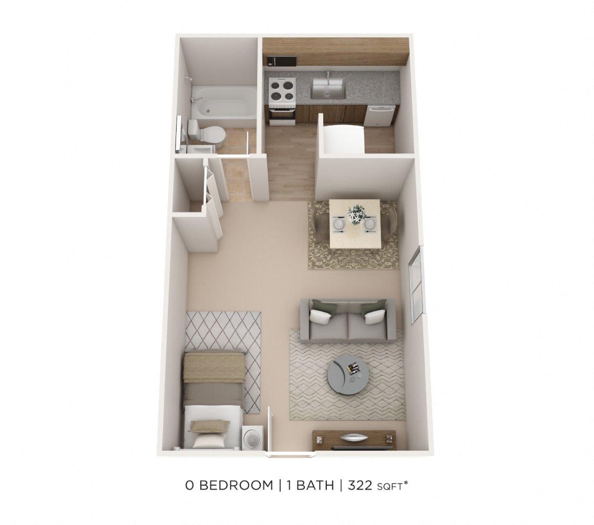 Floor plan for studio, 1 bath, 322 sqft