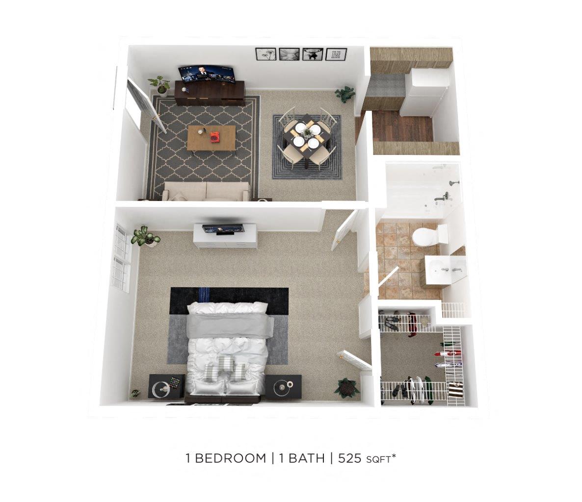 Floor plan for 1 bed, 1 bath, 526 sqft