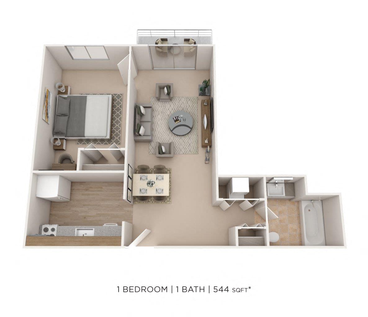 Floor plan for 1 bed, 1 bath, 544 sqft