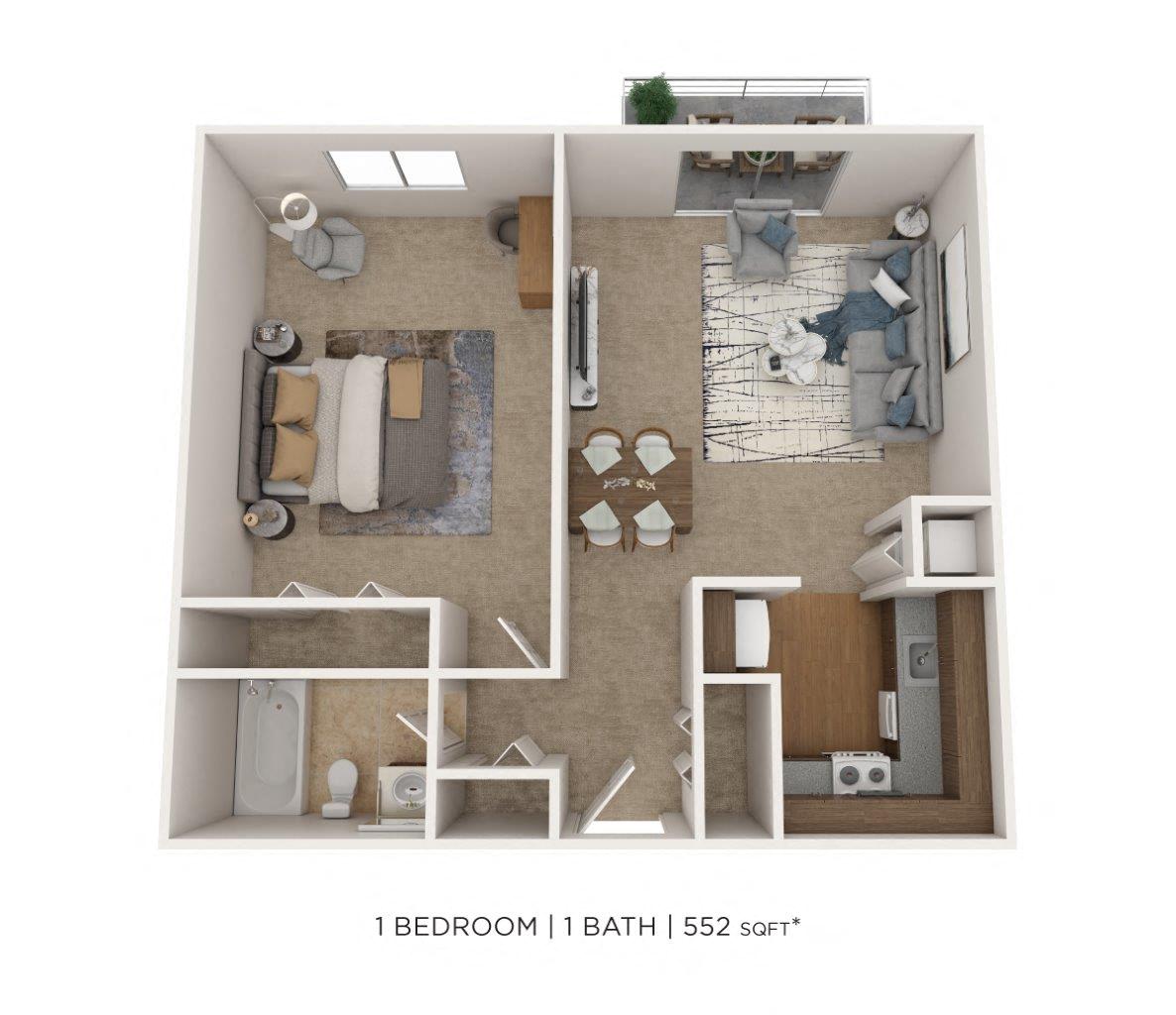 Floor plan for 1 bed, 1 bath, 552 sqft