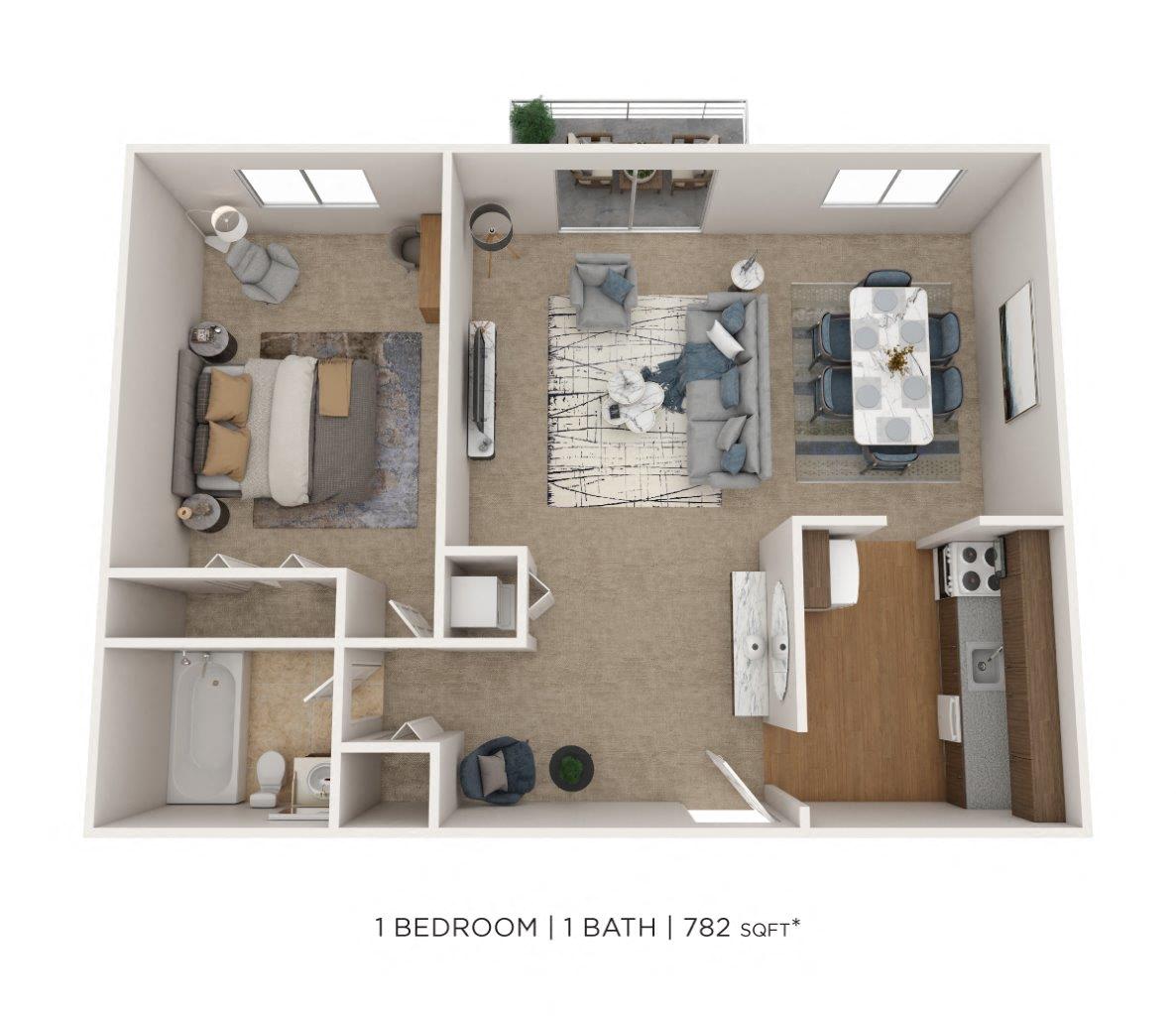 Floor plan for 1 bed, 1 bath, 782 sqft