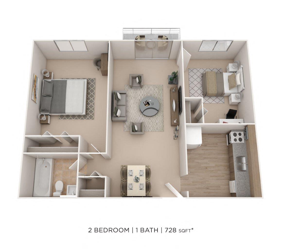 Floor plan for 2 beds, 1 bath, 728 sqft