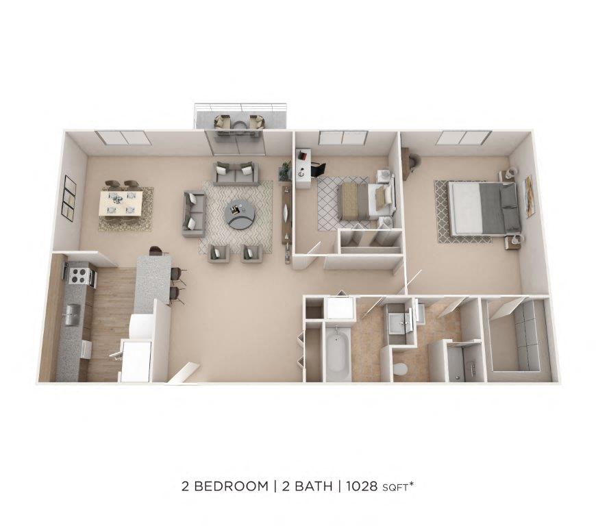 Floor plan for 2 beds, 2 baths, 1028 sqft