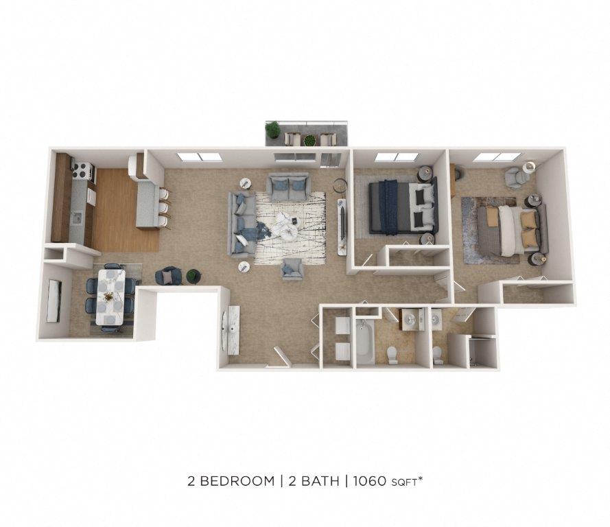 Floor plan for 2 beds, 2 baths, 1060 sqft