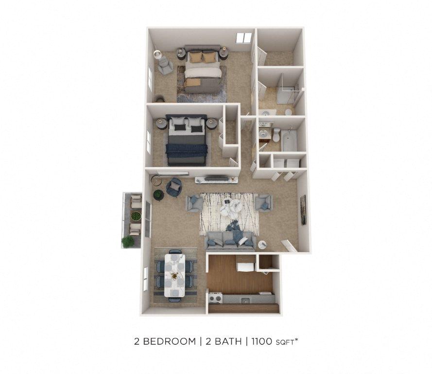 Floor plan for 2 beds, 2 baths, 1100 sqft