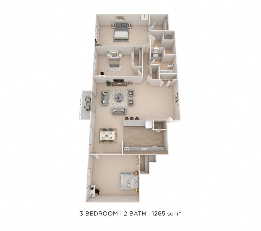 Floor plan for 3 beds, 2 baths, 1265 sqft