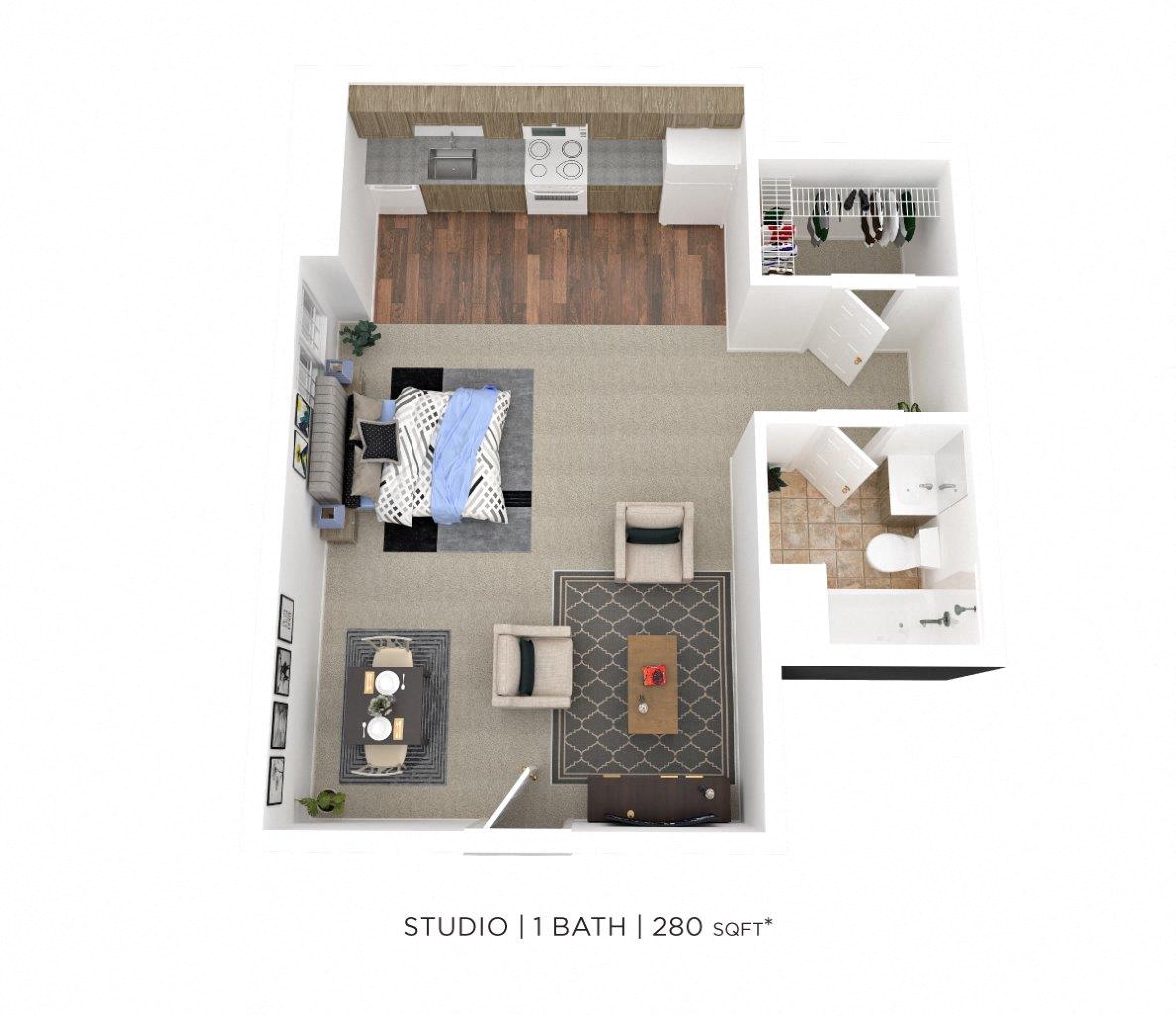 Floor plan for studio, 1 bath, 280 sqft