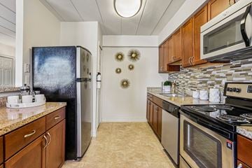 Devon apartment for rent - A kitchen with a black fridge and a black stove top oven.