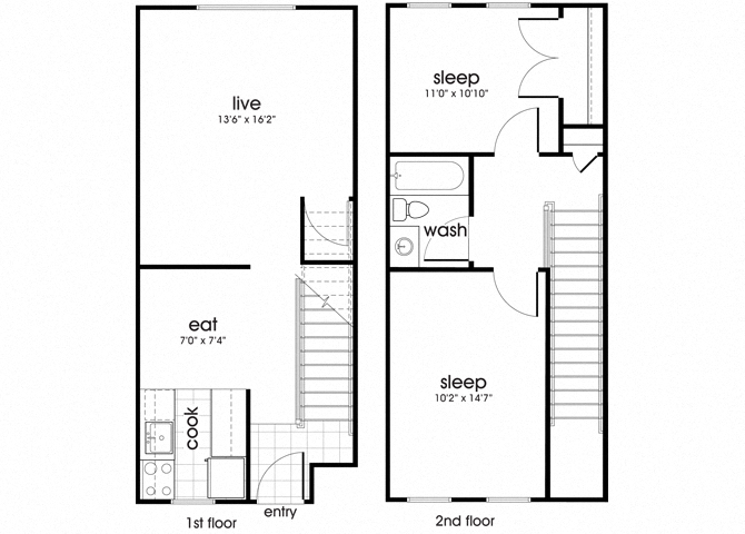 Floor plan for 2 beds, 1 bath, 850 sqft