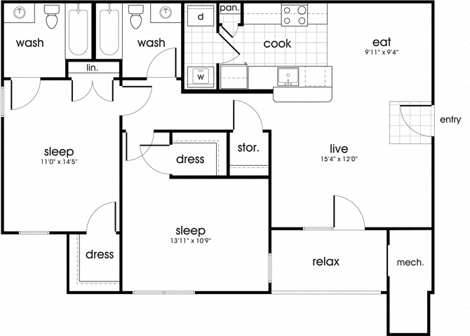 Floor plan for 2 beds, 2 baths, 1176 sqft